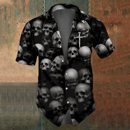 Retro Men's Shirts Small Skull Print Short Sleeve Loose Oversized Hawaiian Shirt Fashion Man Clothes Skull Black Shirts For Men