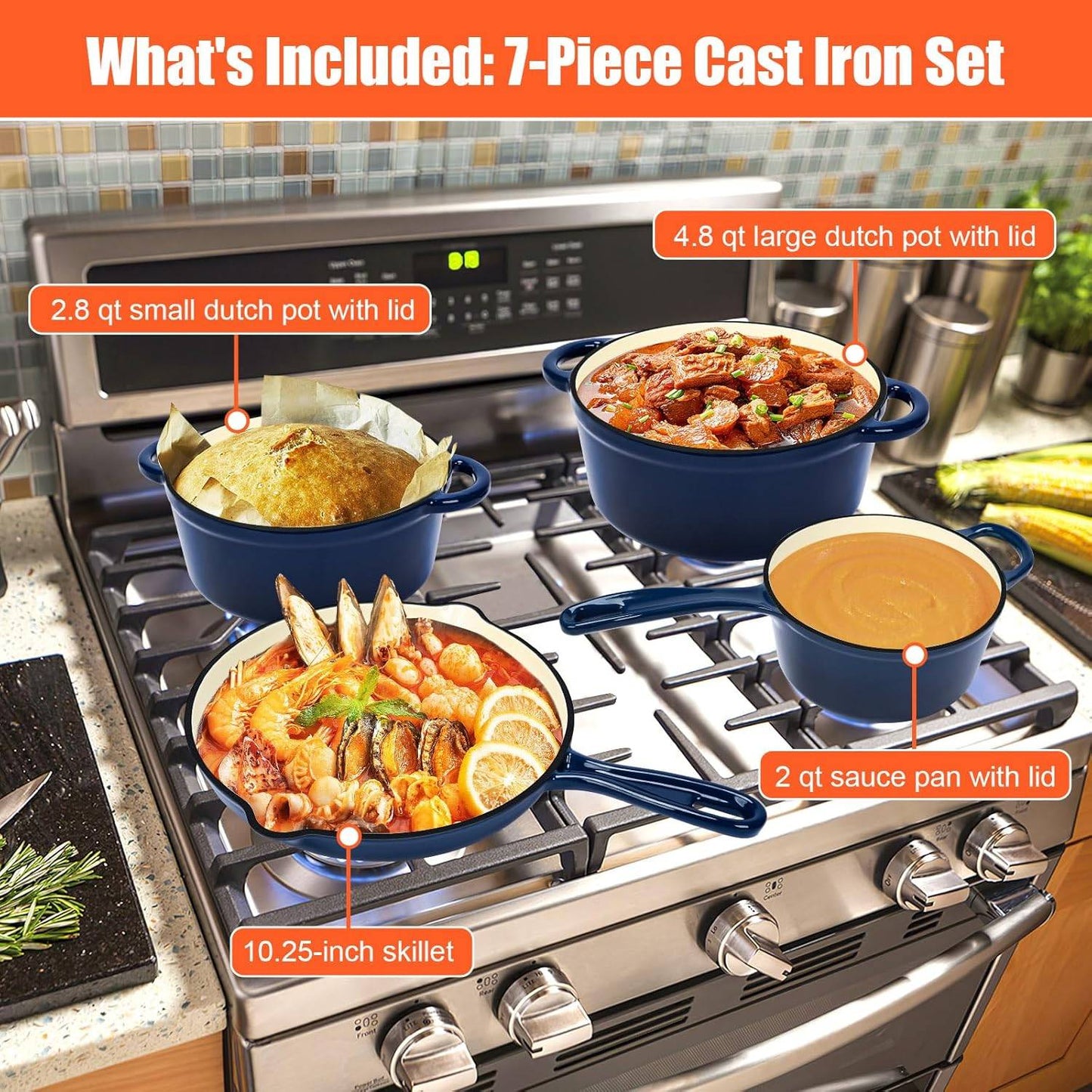 Nonstick Enameled Cast Iron Cookware Set, Frying Pan Skillet- 7-Pcs Pots and Pans with Lid, Healthy Round Dutch Oven Pot for Sou