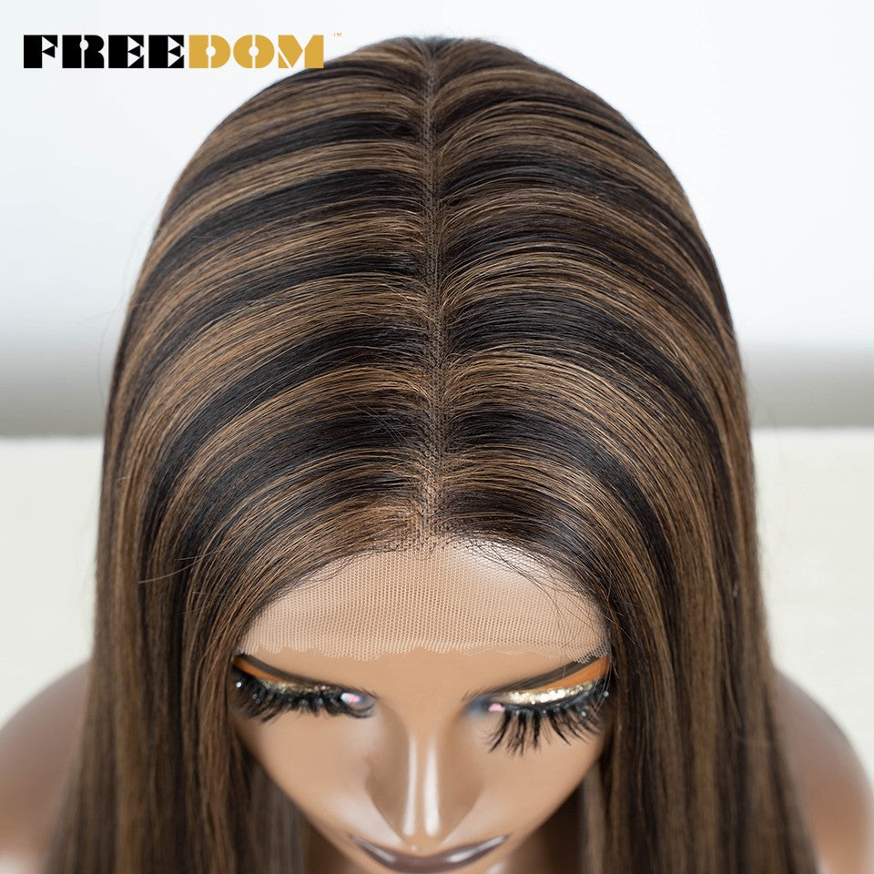Peruca frontal de renda sintética FREEDOM para mulheres, 38 polegadas, longa, lisa, ombré, marrom, vermelho, gengibre, destaque, perucas frontais de renda, peruca de cosplay