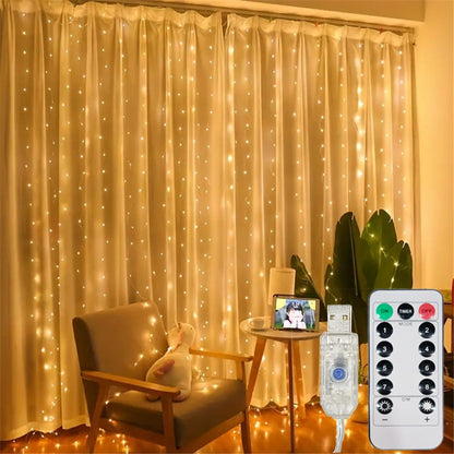 3/6M USB LED Curtain 8Modes Remote Control Lights Holiday Wedding Garland for Bedroom Living Room Decor Ramadan Decorations
