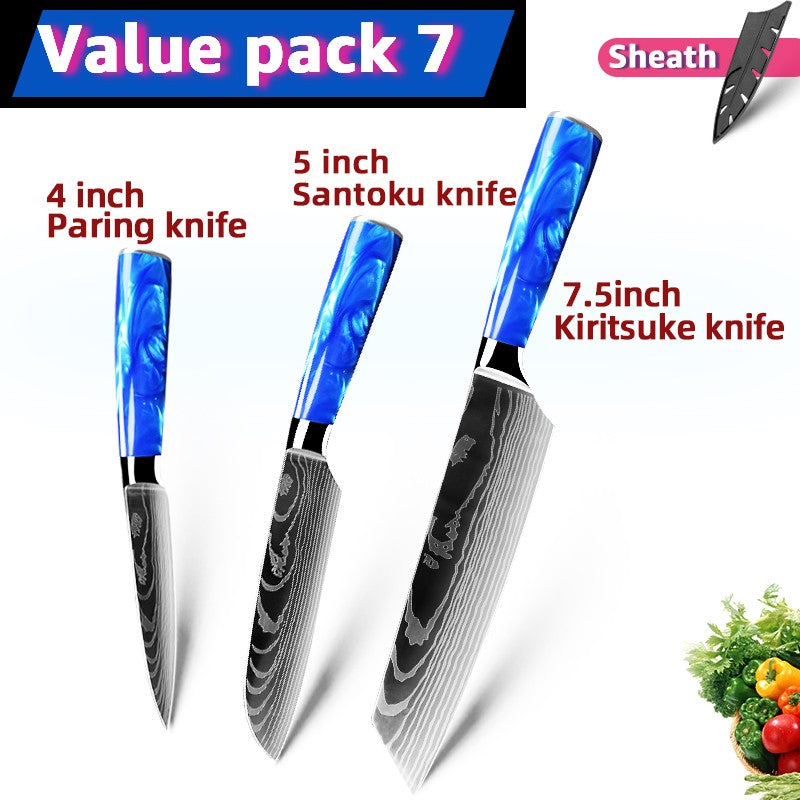 Faca de Cozinha Japonesa Chef 1-10 Peças Conjunto 7CR17 Aço Inoxidável 440C Desenho Damasco Cutelo de Carne Fatiador Santoku Ferramentas de Cozinha