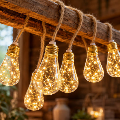 Solar String Lights Hemp Rope Edison Bulb Fairy Lights 4M/6M/8M Warm White for Garden Patio Pergola Wedding Christmas Decor