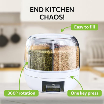 360° Rotating 6-Grid Food Dispenser - Airtight Kitchen Storage Container for Grains, Cereal & Dry Goods