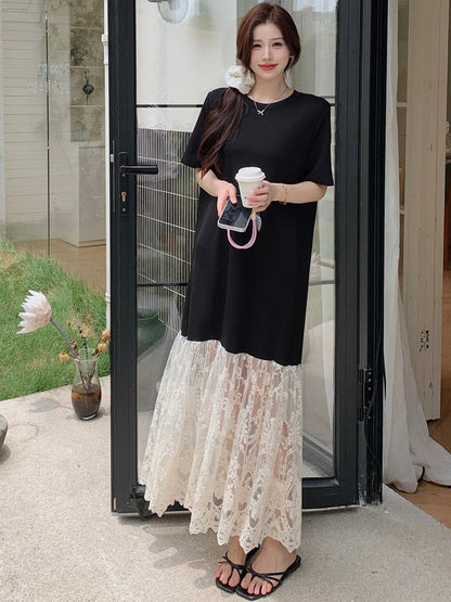 NYFS plus Size Women's Lave Patchwork Dress Summer 2025 Loose Long Dresses Robe Elbise Short Sleeve Korean Style Floral Hem