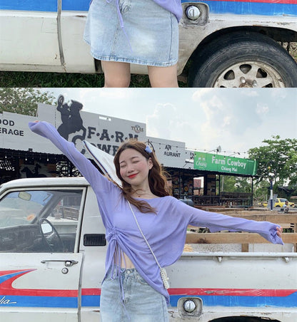 Women's 2025 Women's Summer New Beach Long sleeved Sunscreen Jacket Loose Hoodie Drawstring Upward Shirt