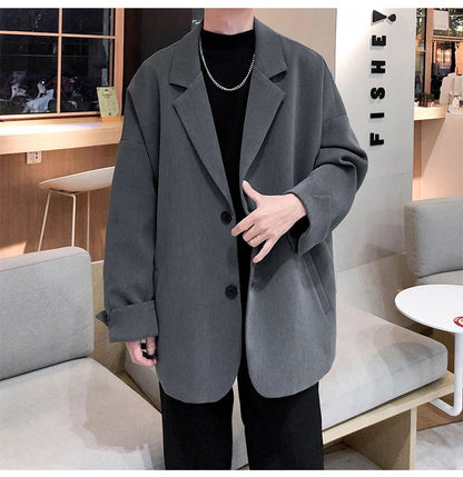 Autumn Men's Casual Solid Color Blazer Korean Style Business Single Trendy Oversize Business Suit Jackets Retro Daily Streetwear