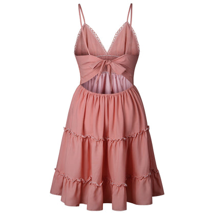 Female New Summer Fashionable Solid Color Dress Sexy Lace Strap Elegant Dresses Splicing Women's Seaside Vocation Wear