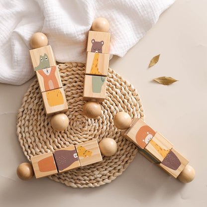 Baby Wooden Montessori Toys Cartoon Animal Rabbit Crocodile Blocks Rattle Puzzle Game Wooden Ring Newborn Rattle Teethering Toys