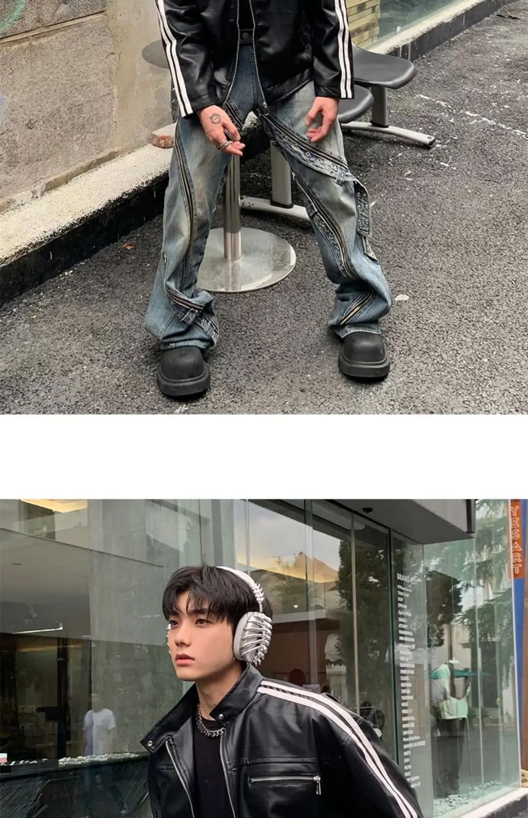 Retro Leather Jacket Men Women  American Patchwork Strip Racing Outerwear Loose Hip Hop Zippers Brown PU Coat Streetwear Spring