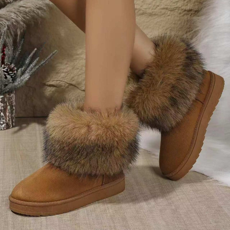 Winter New Round Head Flat with Warm and Comfortable Non-slip Snow Boots Suede Muffin Bottom Short Tube Wool Cotton Boots