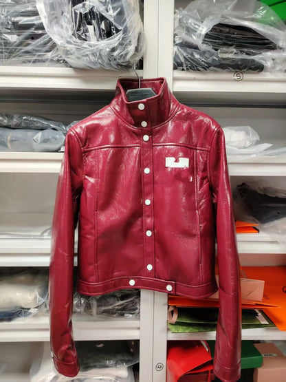 Trendy Luxury French Cou Logo Silhouette PU Leather Jacket Black Wine Red Short Coat Half Skirt Set Women's Fashion Outerwear