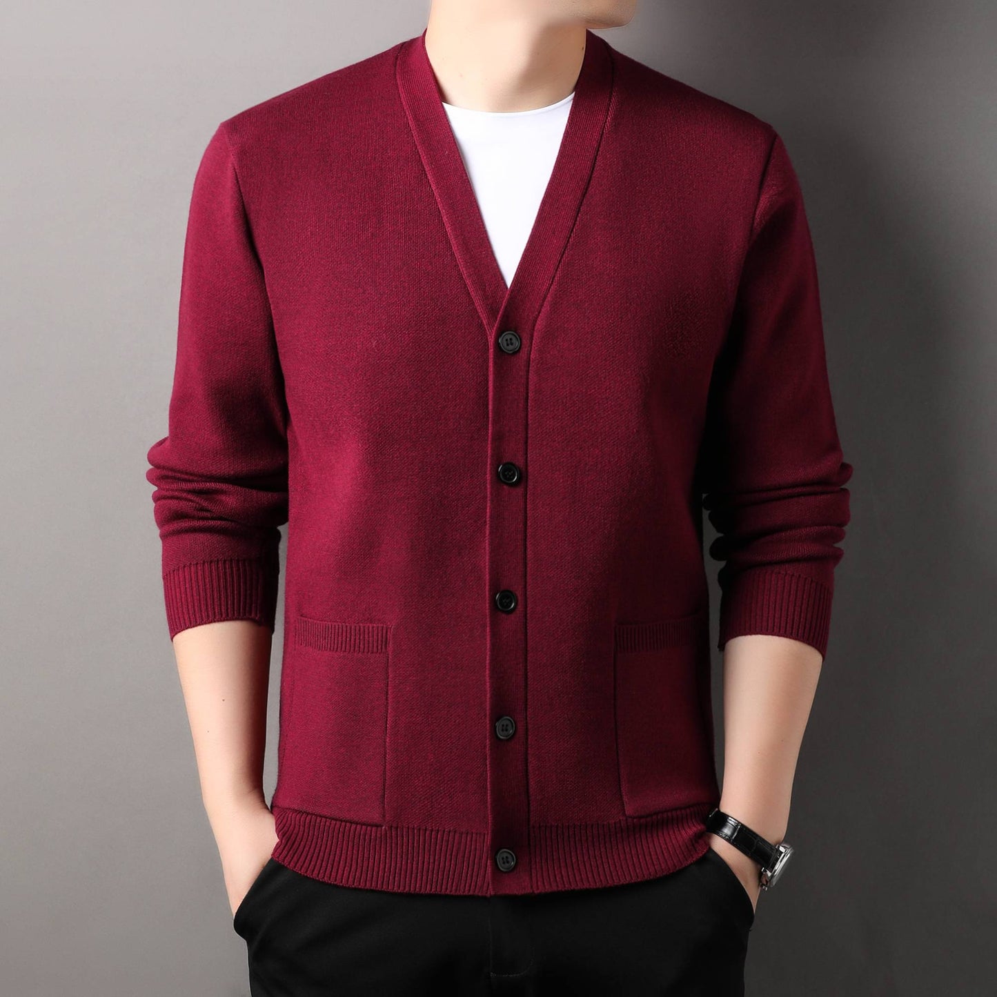 Designer Quality Men's V-Neck Knit Cardigan Autumn Winter New Solid Color Double Pocket Sweater Coat Casual Commute Menswear Top