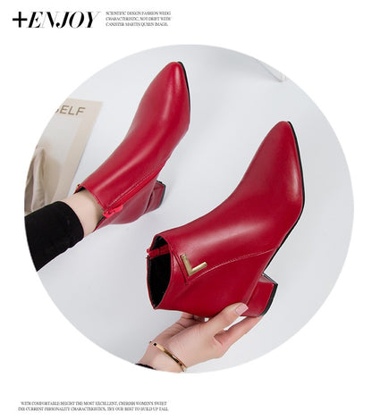 2025 New Autumn and Winter New Ankle Boots Thick Heel Pointed Toe Women Short Boots Fashion Leather Slim Boots Women Size42 Q233