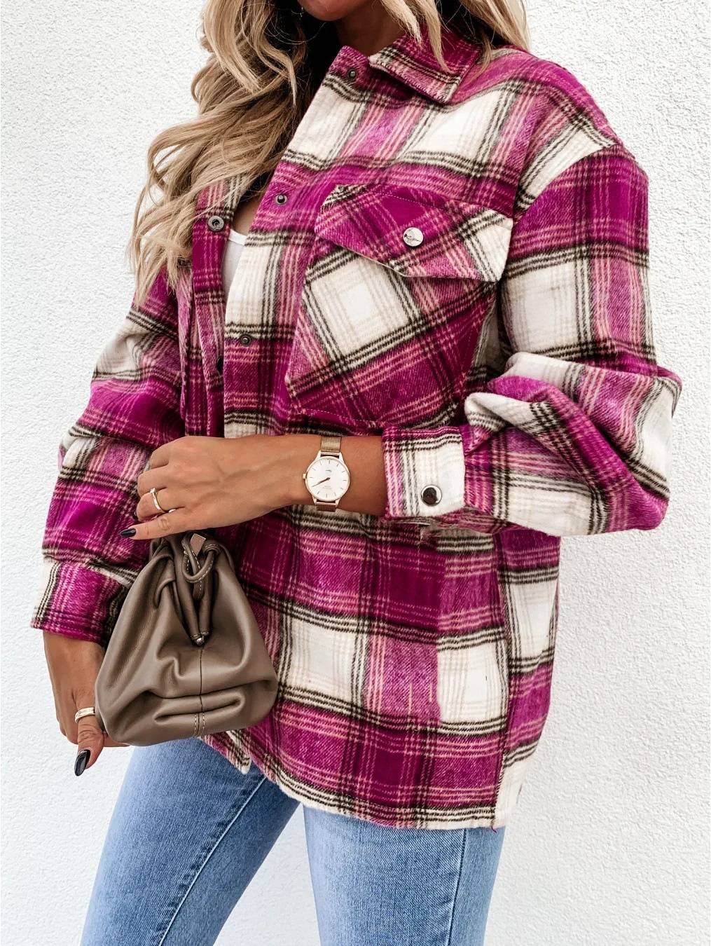 Warm Plaid Long Sleeve Shirt Jacket Autumn Winter Women's Polo Collar Patchwork Decorative Button Detailing Chinese Origin