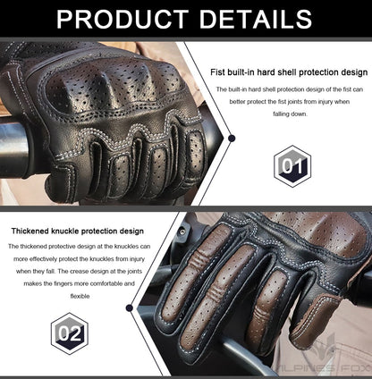Luvas de Couro Perfurado Retrô de Verão para Motocicleta Masculino Feminino Luvas de Dedo Completo para Motocross Motoqueiro Guantes Moto Equipamento M-XXL