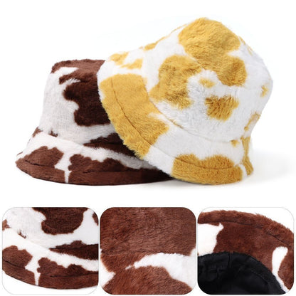 Winter Bucket Hat Women's Fashion Milk Cow Grain Panama Warm Hats Female Vintage Faux Fur Fisherman Cap Hats For Women Casual