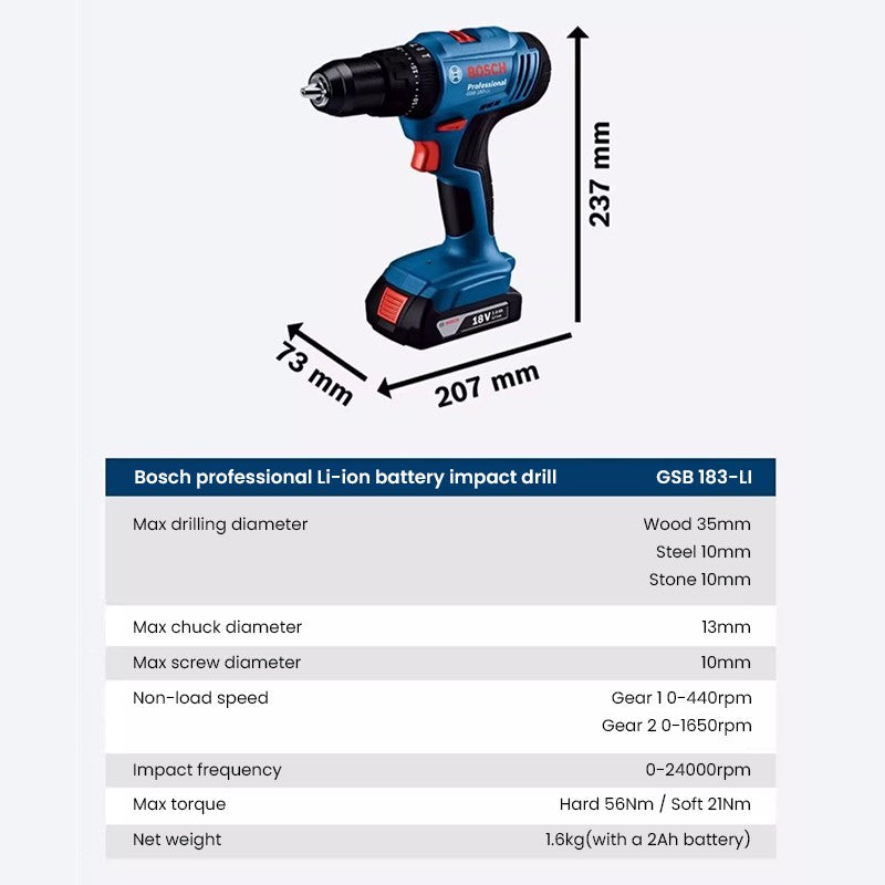 Bosch GSB 183 Parafusadeira Furadeira de Impacto a Bateria Sem Escovas 56Nm Torque Ferramentas Elétricas Multiuso para Madeira Pedra Metal