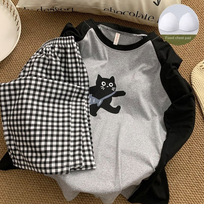 Cartoon HelloKitty Print 2PCS Set Women's Sleepwear with Chest Pad Plus Size Pyjamas Loungewear Crew Neck Loose Pajamas Homewear