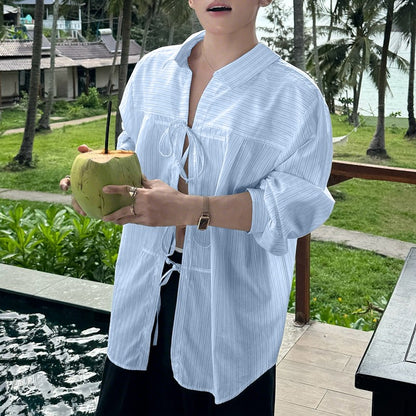 INCERUN Men Striped Shirt Lapel Long Sleeve Lace Up Hollow Out Men Clothing Oversize Korean Style Streetwear Casual Shirts Men