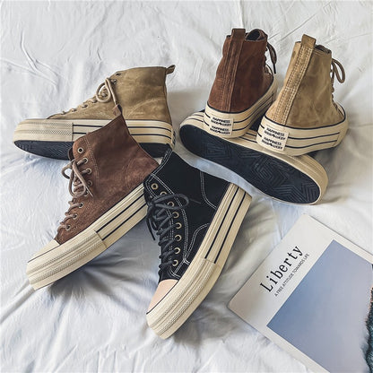 Novos Sapatos Masculinos de Cano Alto com Sola Plana, Botas de Trabalho Casuais para Exteriores com Sola Grossa, Sapatos Masculinos para Caminhada, Tênis de Lona de Cano Alto para Casais
