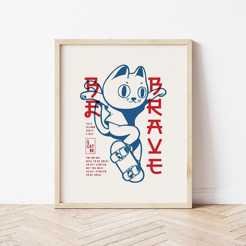 Be Brave Skater Cat Wall Art Winter Surfing Canvas Painting Posters Prints Cartoon Wall Kids Room Playroom Decor