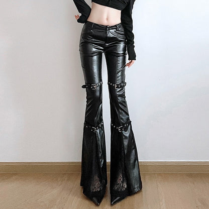 PU Leather Flare Pant Goth Buckle Lace Patchwork Pants Women Fashion Y2K Streetwear Vintage Aesthetics Casual Pants Trousers