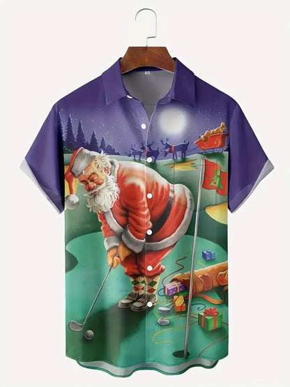 3D Print Christmas Themed Santa Claus Graphic Beach Shirts Men's Short Sleeve Lapel Hawaiian Shirt Summer Button Vacation Shirts
