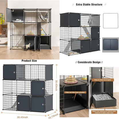 Recinto Multifuncional para Gatos de 3 Níveis: Cercadinho Interno/Externo com Caixa de Areia e Gaiola de Metal Destacável