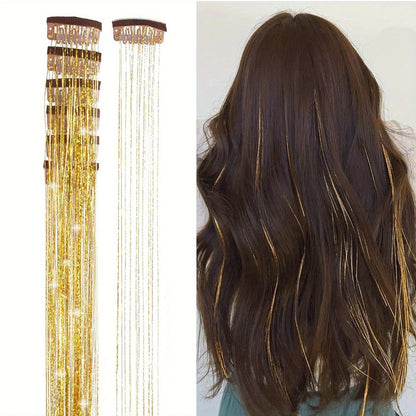 Apliques de cabelo coloridos de seda brilhante sem costura, grampo com glitter dourado de seda, faixas de cor de fio de laser deslumbrante, perucas sintéticas