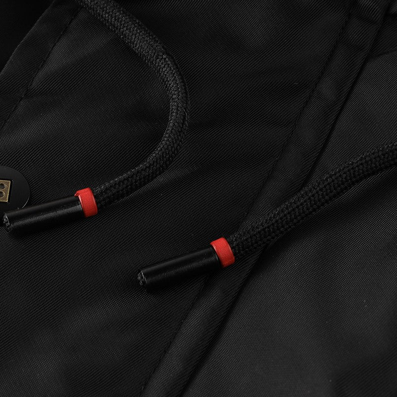 Men's Winter Black Aviator Jacket with Detachable Faux Fur Trimmed Hooded Cold Fashion Embroidered Badge and Zipper Pockets