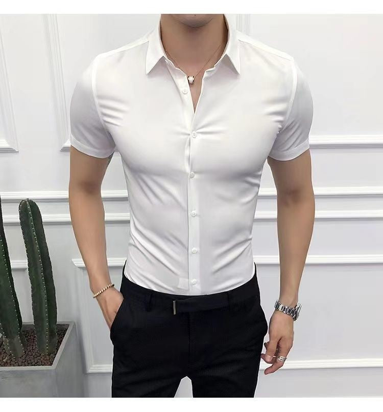 Korean Fashion Trend Casual Elastic Design Sense Short Sleeve Shirt Men's Solid Lapel Collar Button Breathable Simple Slim Tops