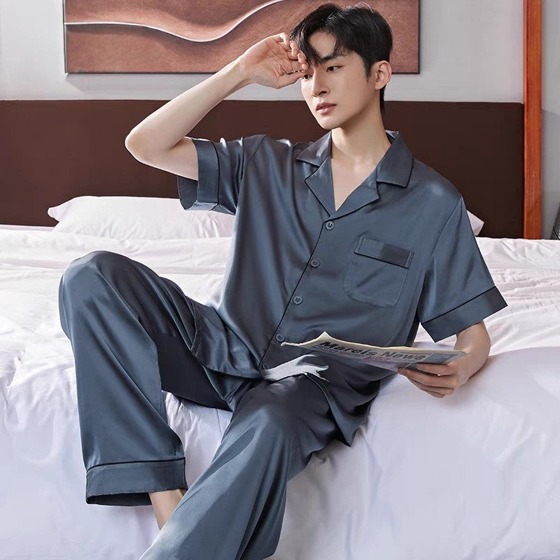 New Ice Silk Pajamas, Men's Summer Short-Sleeved Trousers, Thin High-End Simulated Silk Plus-Size Loose Loungewear Two-Piece Set