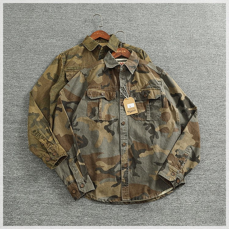2024 Autumn and Winter New American Retro Woven Camouflage Cargo Shirt Men's 100% Cotton Washed Old Double Pockets Thin Jacket