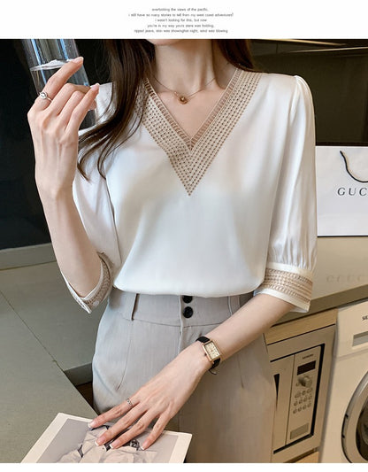 Embroidery Half Sleeve White Lace Women Blouses 2024 Autumn V-Neck Loose Chiffon Tops Shirt Office Lady Elegant Blusas 13366