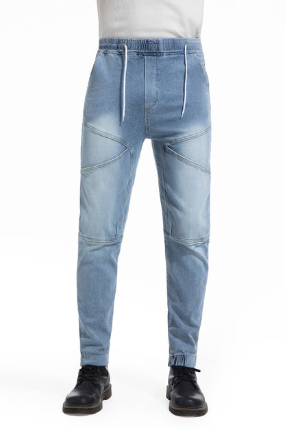 Calça jeans masculina, estilo casual, com elástico na cintura, cor lisa, adequada para todas as estações.