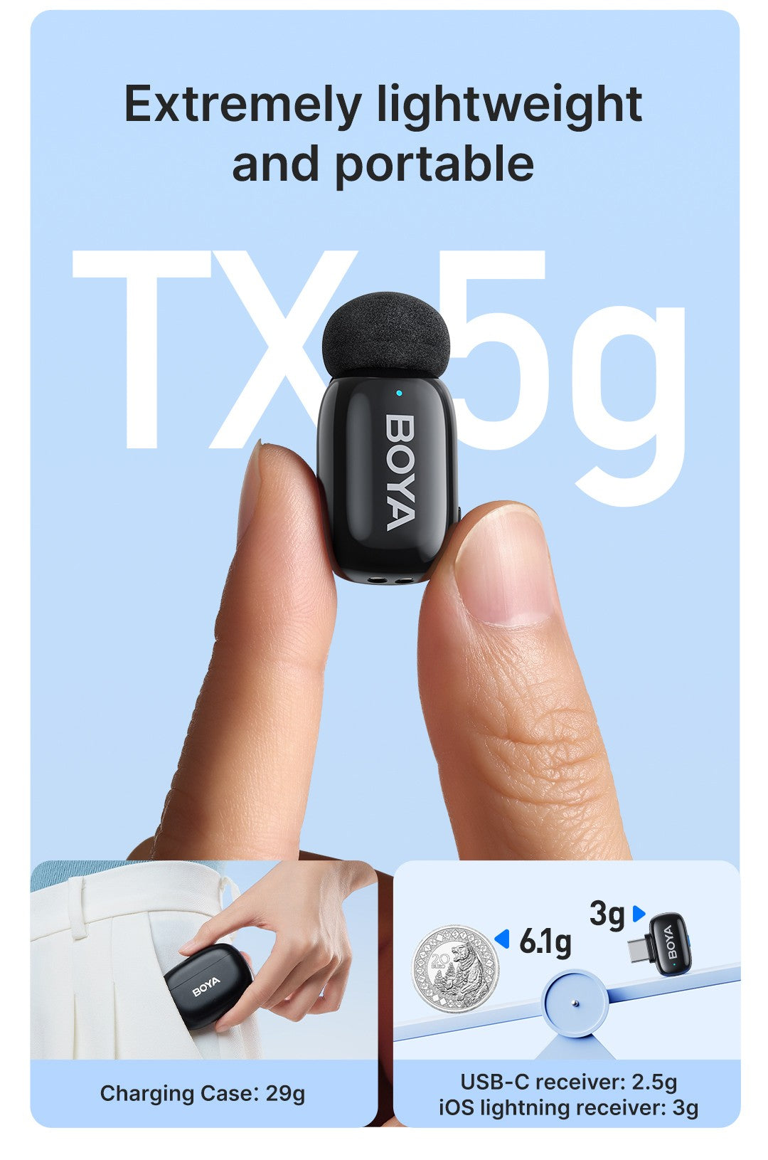 BOYA BOYA Mini Microfone de Lapela Sem Fio para iPhone 15/16 Android Celular Dispositivos USB-C para Gravação de Vídeo Transmissão ao Vivo Vlog