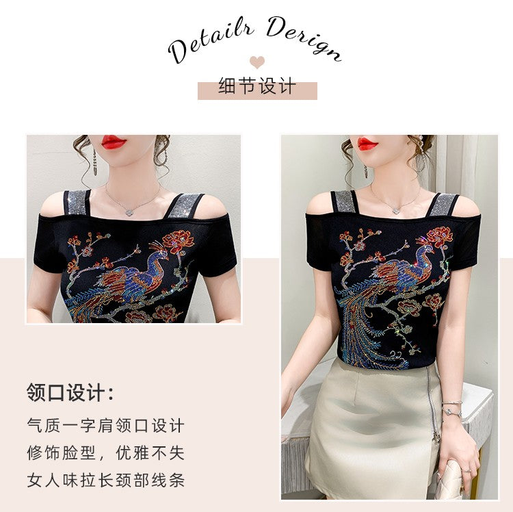Summer New Fashion Cartoon T-shirt Chic Hollow Out Hot Diamonds Tees Sexy Off Shoulder Short Sleeve Women's Tops Blouse