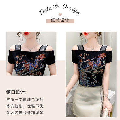 Summer New Fashion Cartoon T-shirt Chic Hollow Out Hot Diamonds Tees Sexy Off Shoulder Short Sleeve Women's Tops Blouse