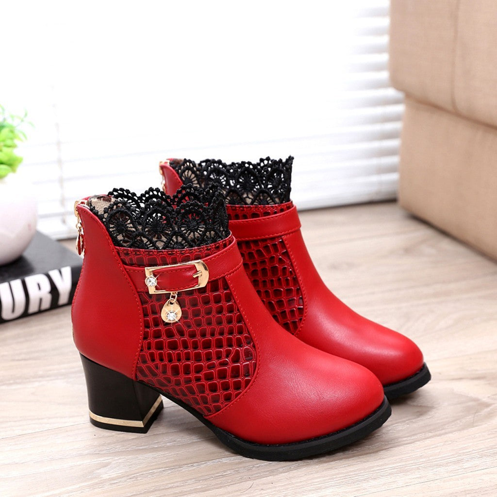 Women'S Ladies Boots Fall Winter Vintage Leather Lace Short Boots Shoes Women'S Fashion Lace Trim Boots Mid-Heeled Boots