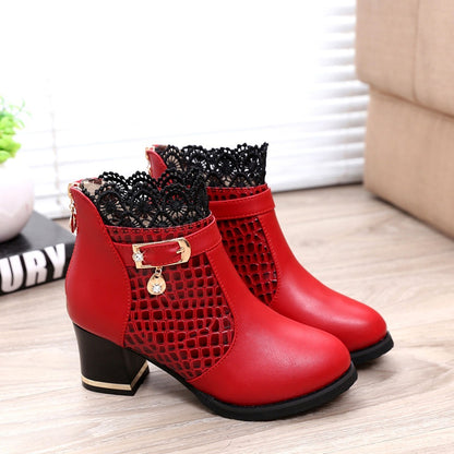 Women'S Ladies Boots Fall Winter Vintage Leather Lace Short Boots Shoes Women'S Fashion Lace Trim Boots Mid-Heeled Boots