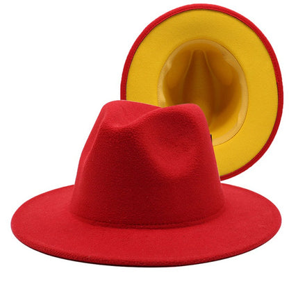 QBHAT Two-color Fedora Hat Women Men Wide Brim Felt Jazz Hat Ladies Party Top Cap Patchwork Chapeau Sombreros De Mujer 50 Colors
