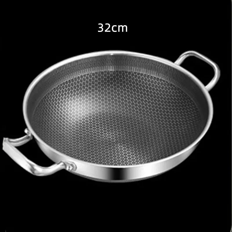 32cm Panela de Fritura em Aço Inoxidável 304, Antiaderente de Grau Alimentício, Fundo de Panela Tipo Colmeia, Panela Wok de Uso Geral para Fogão a Gás e de Indução