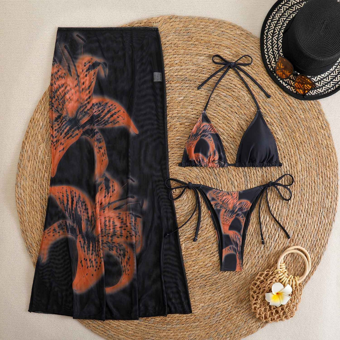 2025 New Flower Print Bikini Set Women's High Waist Long Skirt 3 Piece Swimsuit Sexy Mini Triangle Backless Thong Bathing Suit