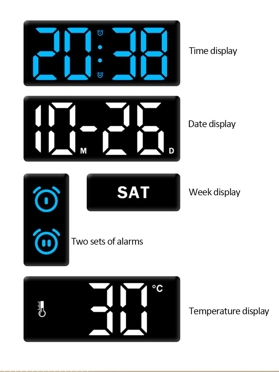 10inch LED Large Digital Wall Clock with Dual Alarms Calendar and Temperature Display Brightness Adjustable Countdown Home Clock