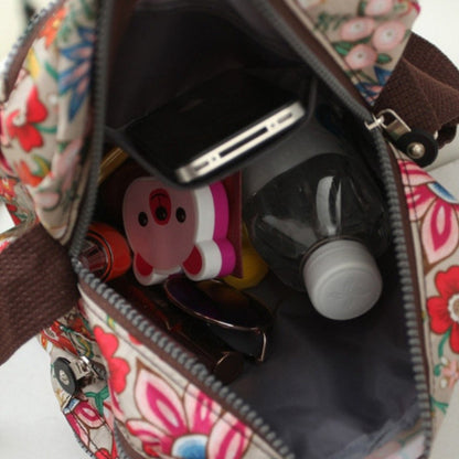 Women's nylon shoulder bag with floral print and multiple compartments, casual crossbody bag