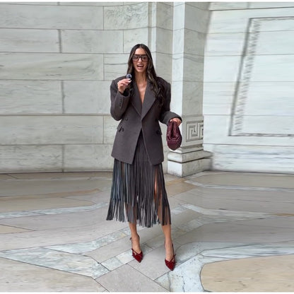 Tassel Leather Midi Skirt Women Solid High Street High-waist A-line Bodycon Long Skirts Spring Summer 2026 Chic All-match Outfit