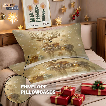 Conjunto de edredom sem enchimento 3 peças com estampa de cervo dourado de Natal, vários tamanhos, roupa de cama para quarto, decoração de feriado, macio e lavável à máquina