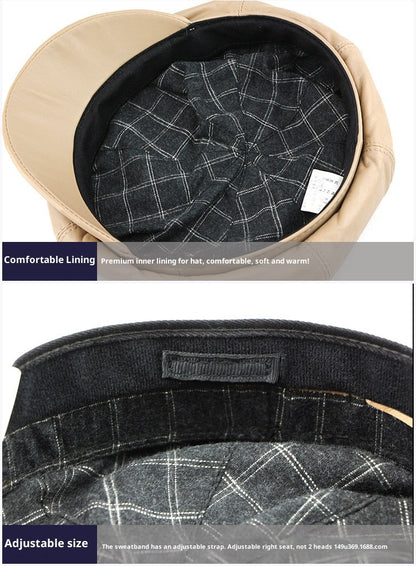 Autumn Winter Women's Genuine Sheep Leather Octagonal Beret | Leopard Print Trendy Painter Hat Celebrity Style Versatile Cap