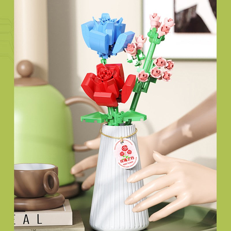 Flower Bouquet Building Blocks with Vase DIY Rose Sunflower Mini Bricks for Kids Birthday Party Favors Girls Gift Desktop Decor