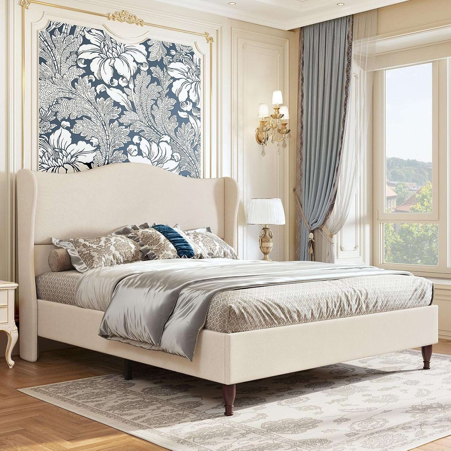 Queen Size Bed Frame Upholstered Platform Bed with 51" Tall Headboard Wingback, Soft Fabric, Retro Simple Style Platform